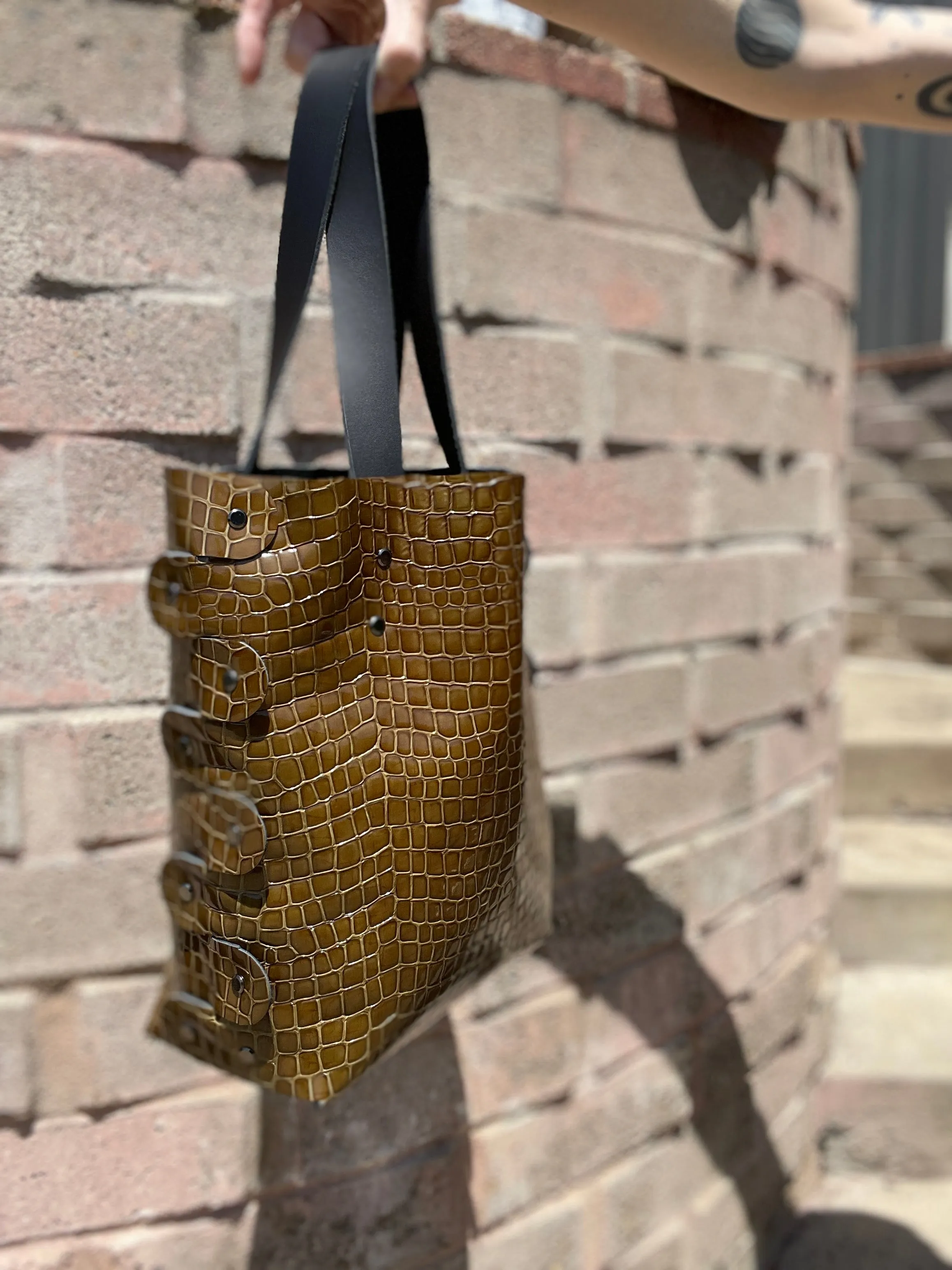 Dark Olive Croc Embossed Open Top Tote Bag