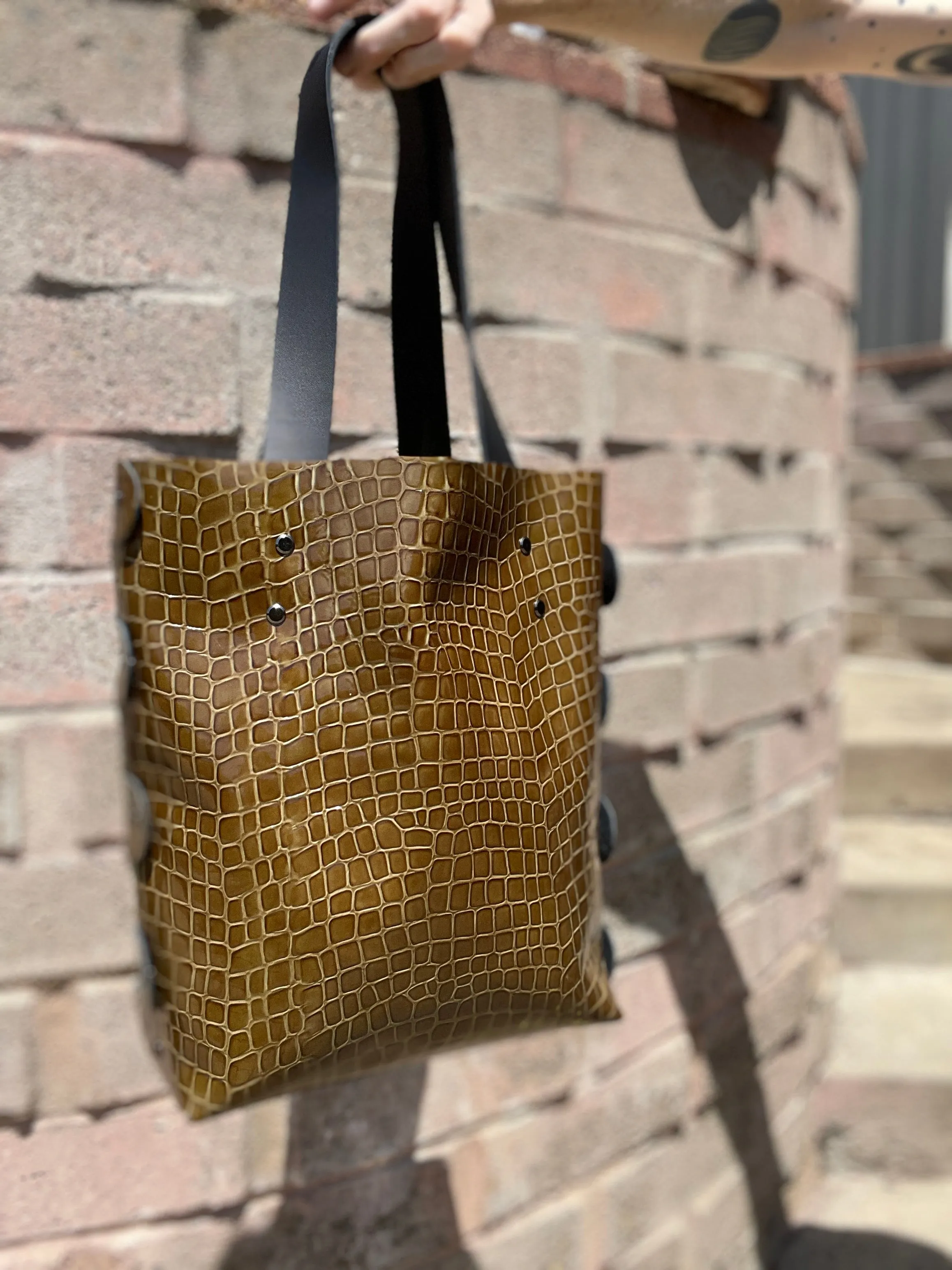 Dark Olive Croc Embossed Open Top Tote Bag