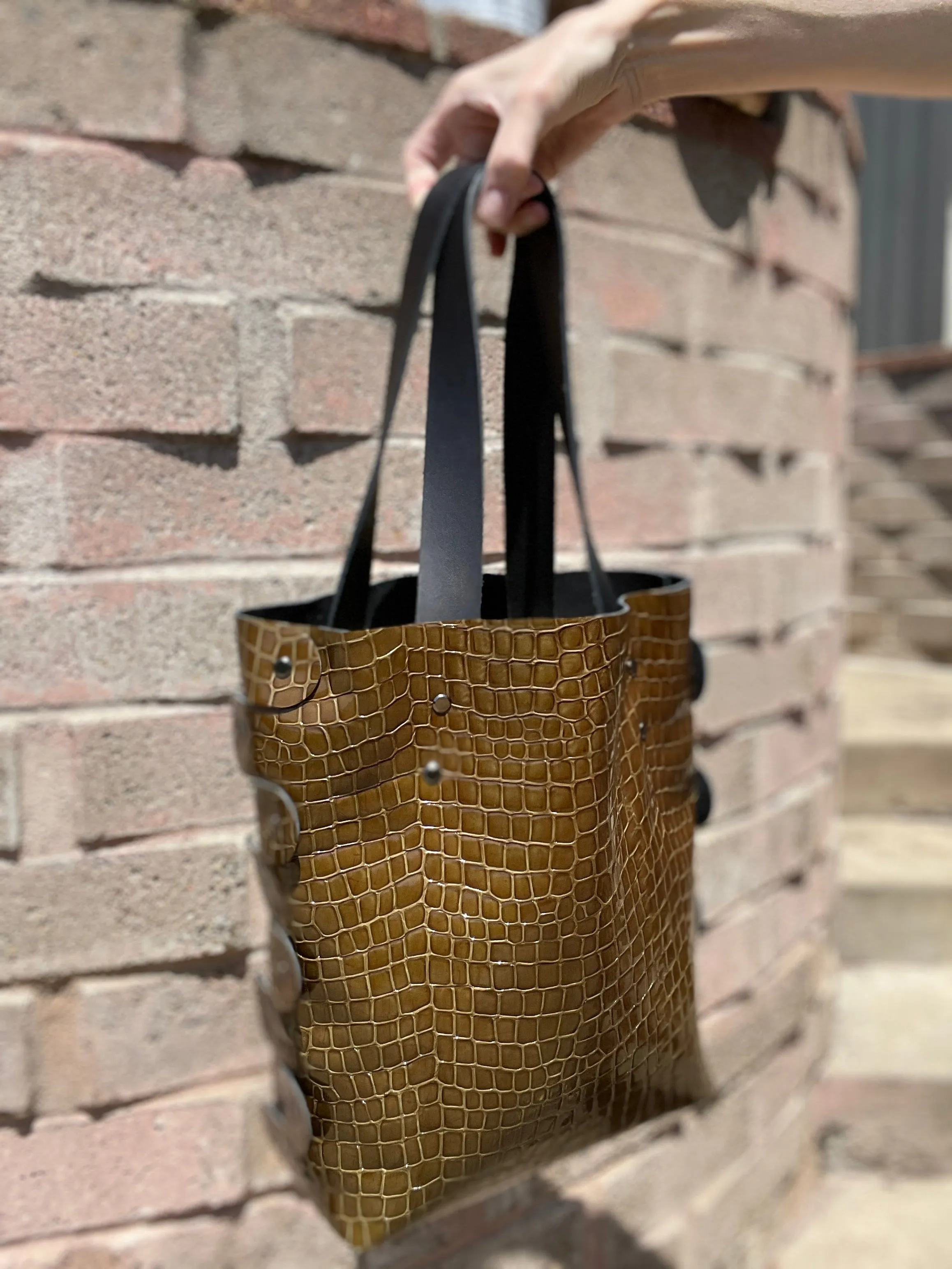 Dark Olive Croc Embossed Open Top Tote Bag