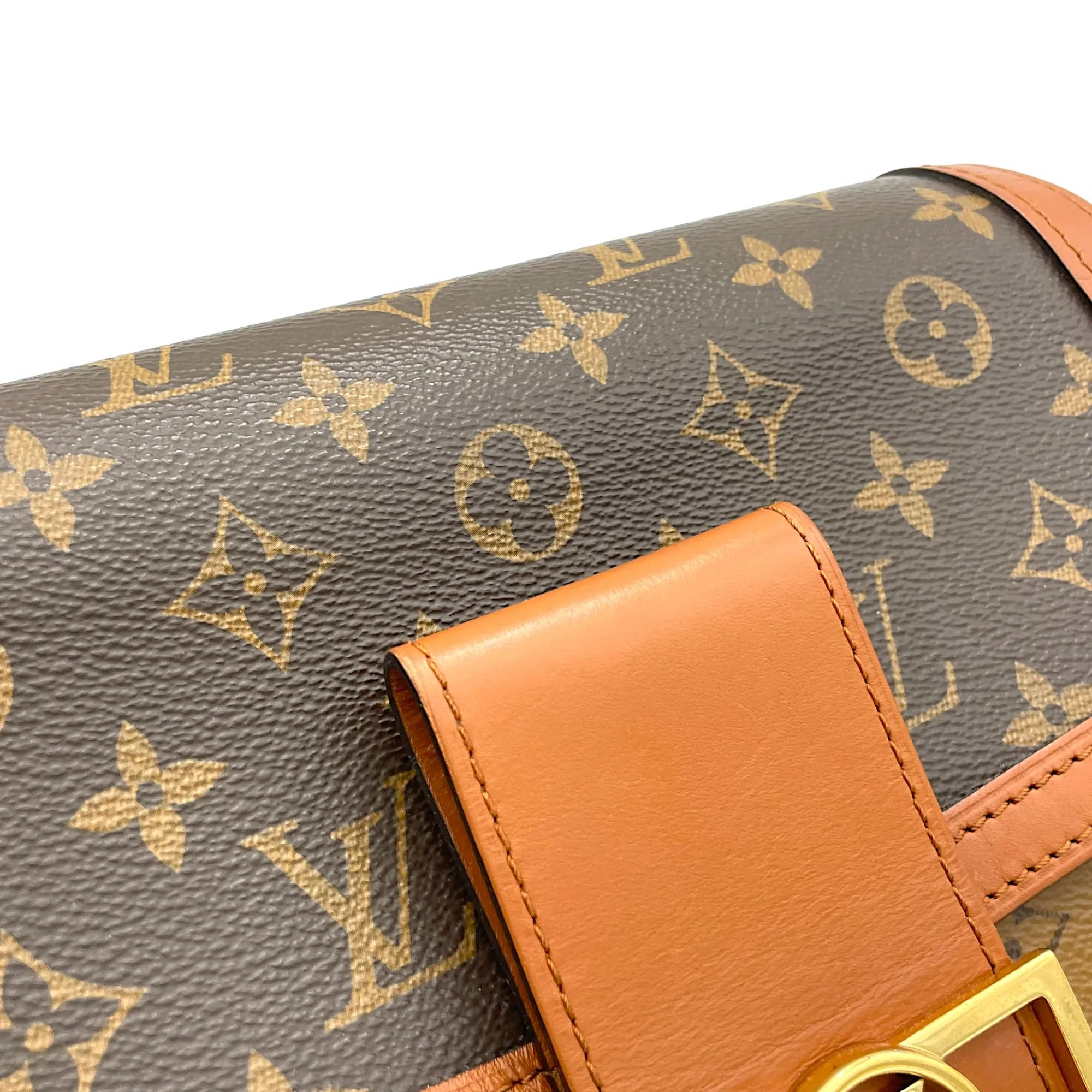 Dauphine MM Brown Crossbody Bag in Monogram Coated Canvas, Gold hardware