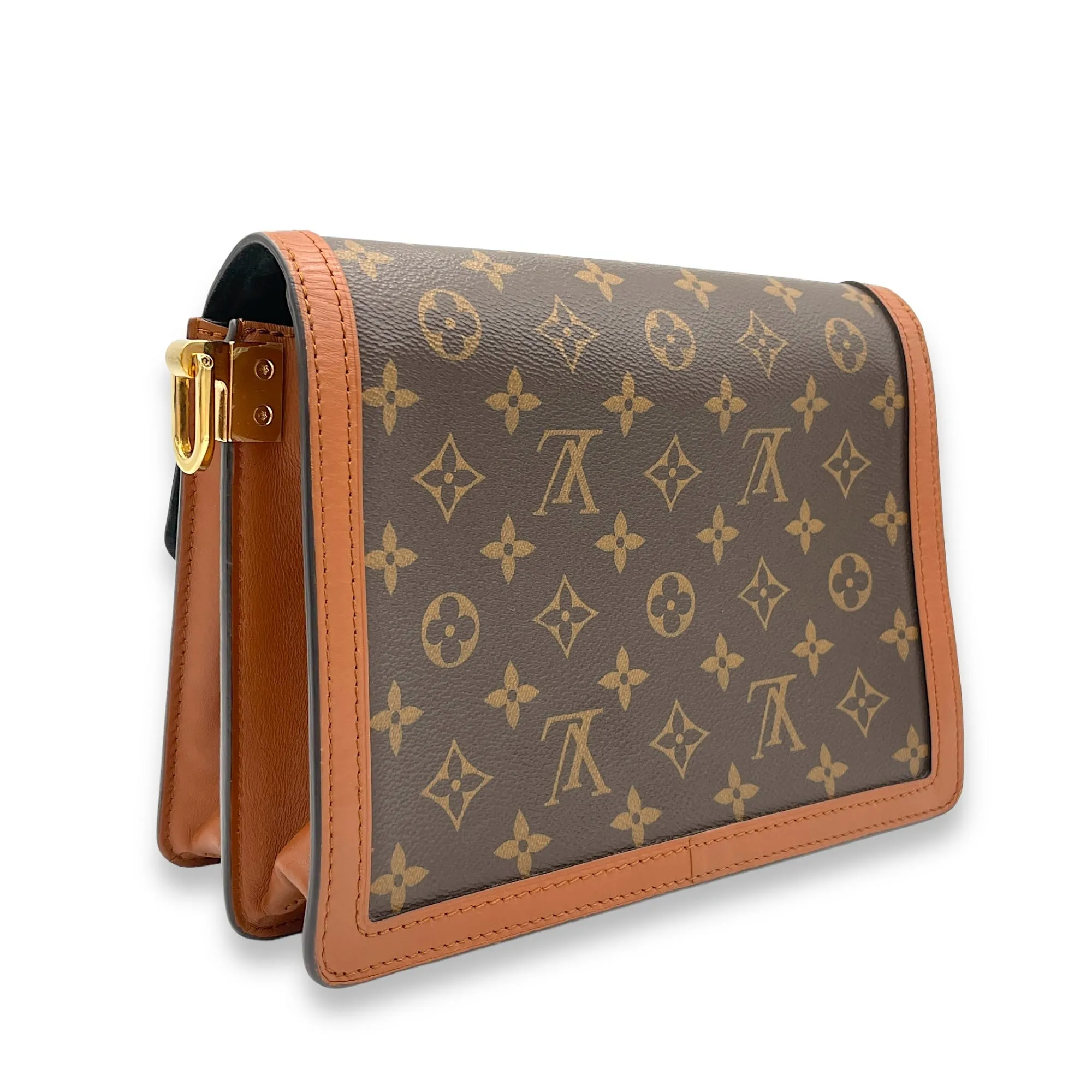 Dauphine MM Brown Crossbody Bag in Monogram Coated Canvas, Gold hardware