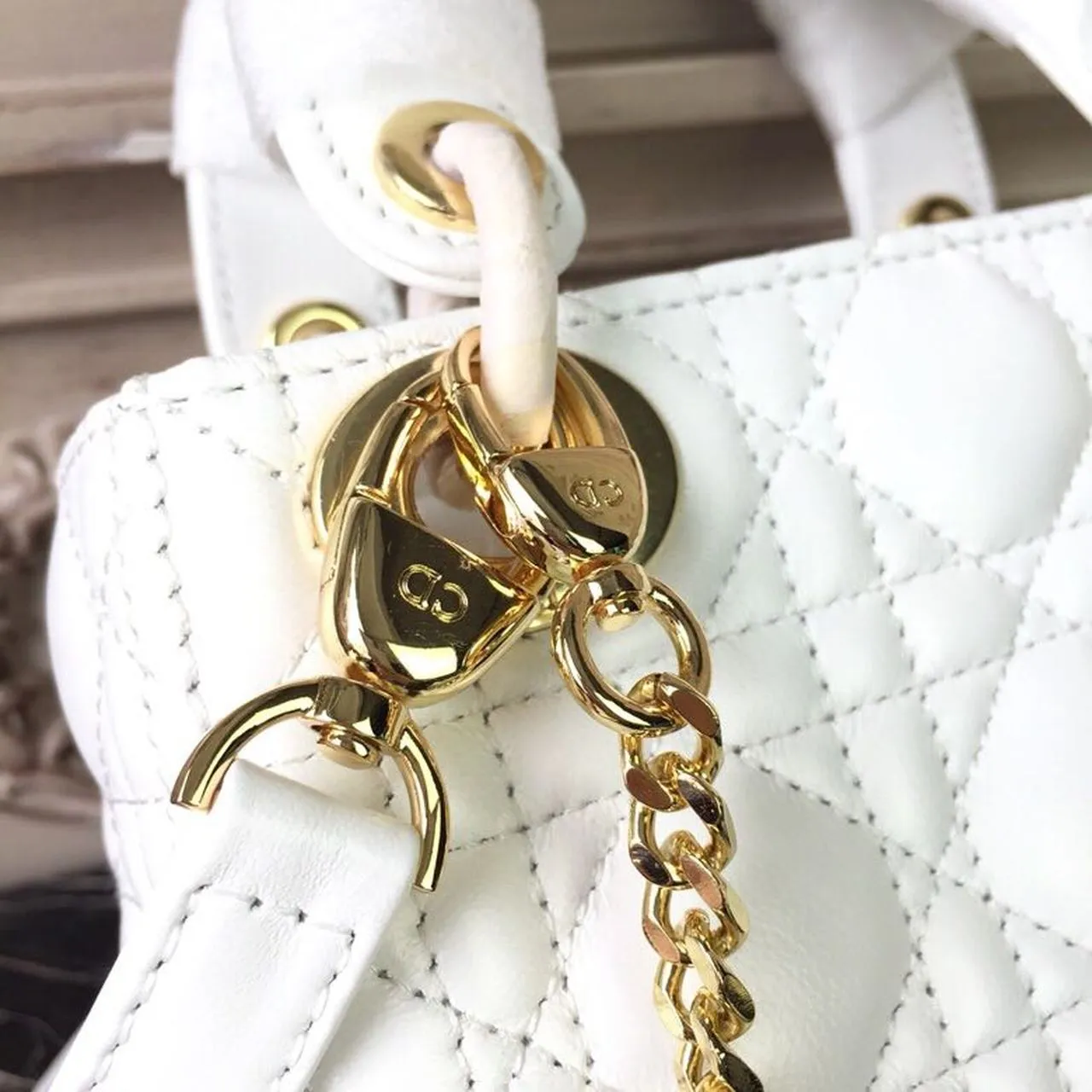 DI Mini Lady Bag Gold Toned Hardware White For Women 18cm/7in CD