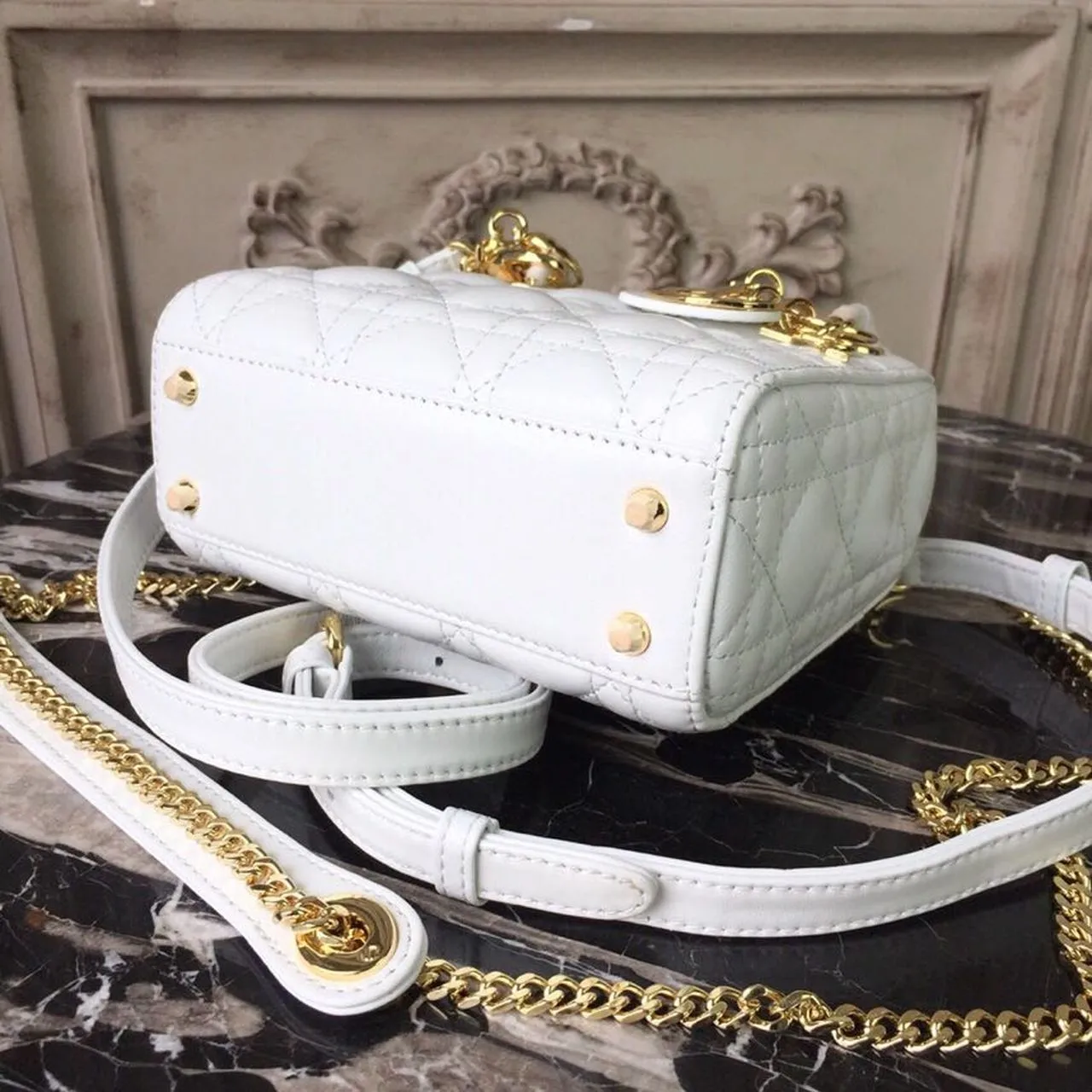 DI Mini Lady Bag Gold Toned Hardware White For Women 18cm/7in CD