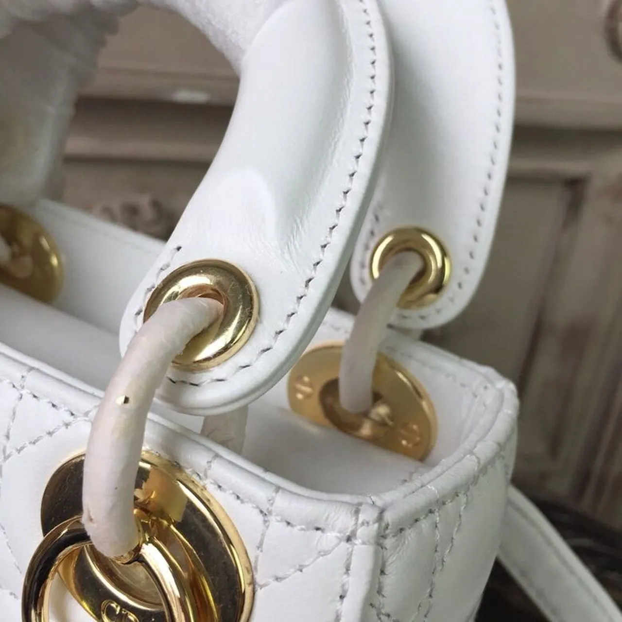 DI Mini Lady Bag Gold Toned Hardware White For Women 18cm/7in CD