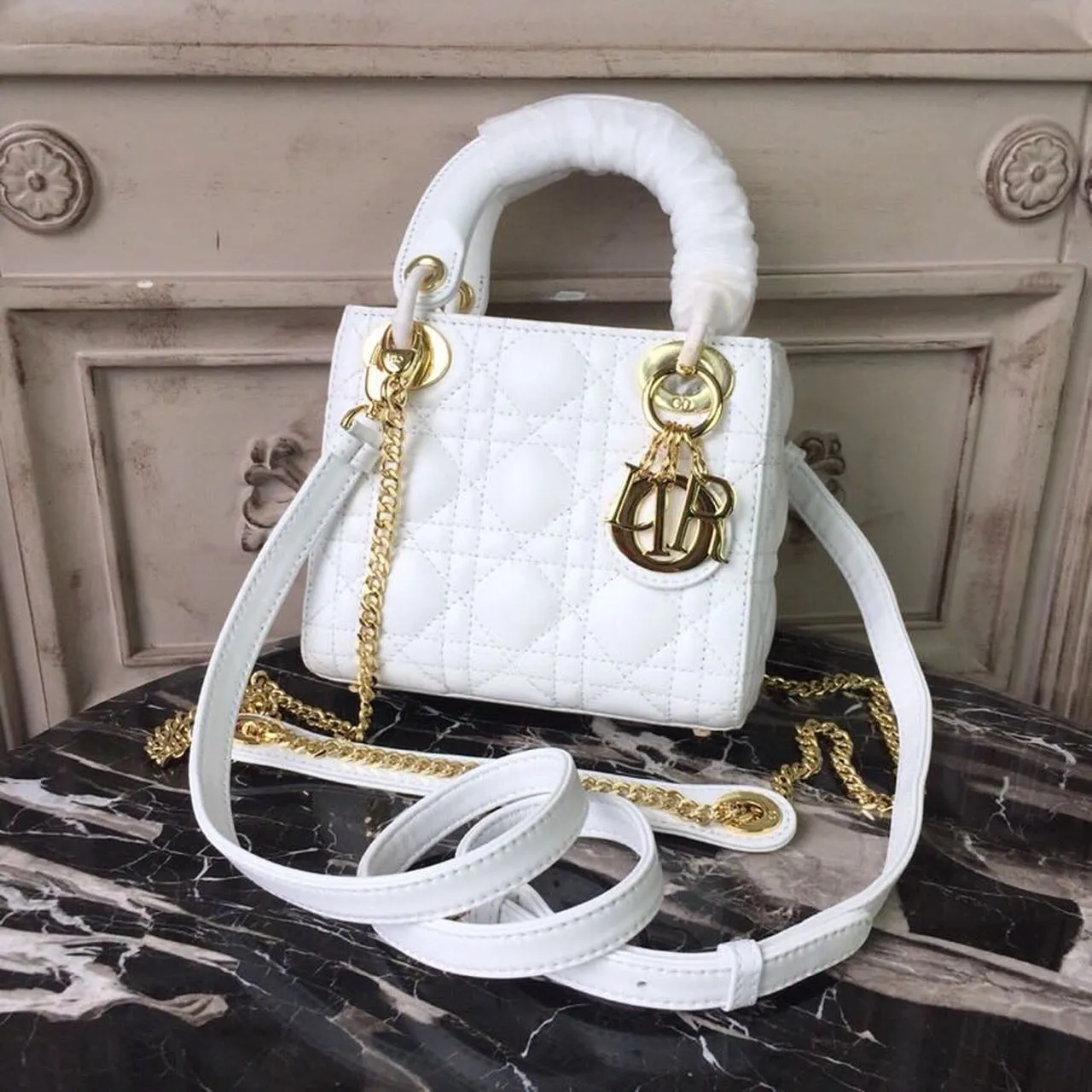 DI Mini Lady Bag Gold Toned Hardware White For Women 18cm/7in CD