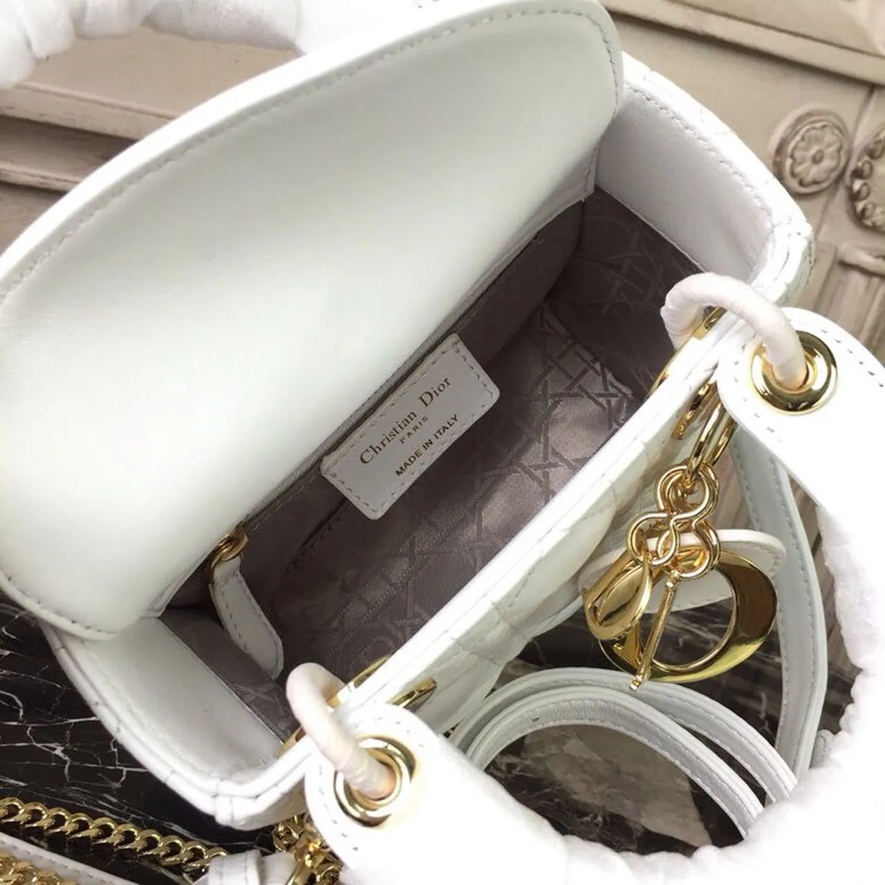 DI Mini Lady Bag Gold Toned Hardware White For Women 18cm/7in CD