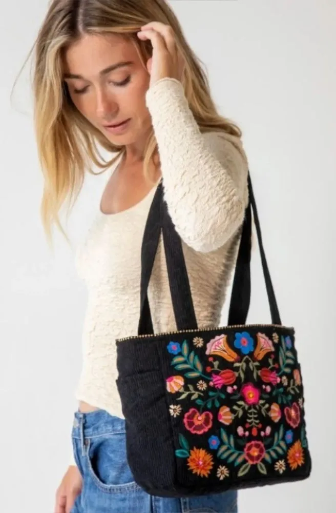 Embroidered Cord Tote Black