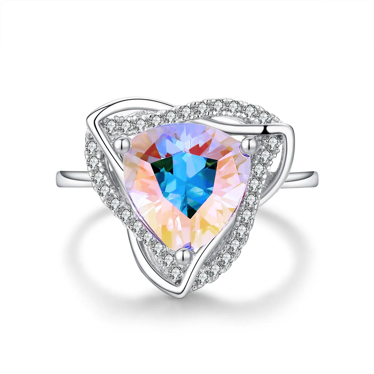 Entwine Aurora Borealis Halo Round-Cut Ring in Sterling Silver