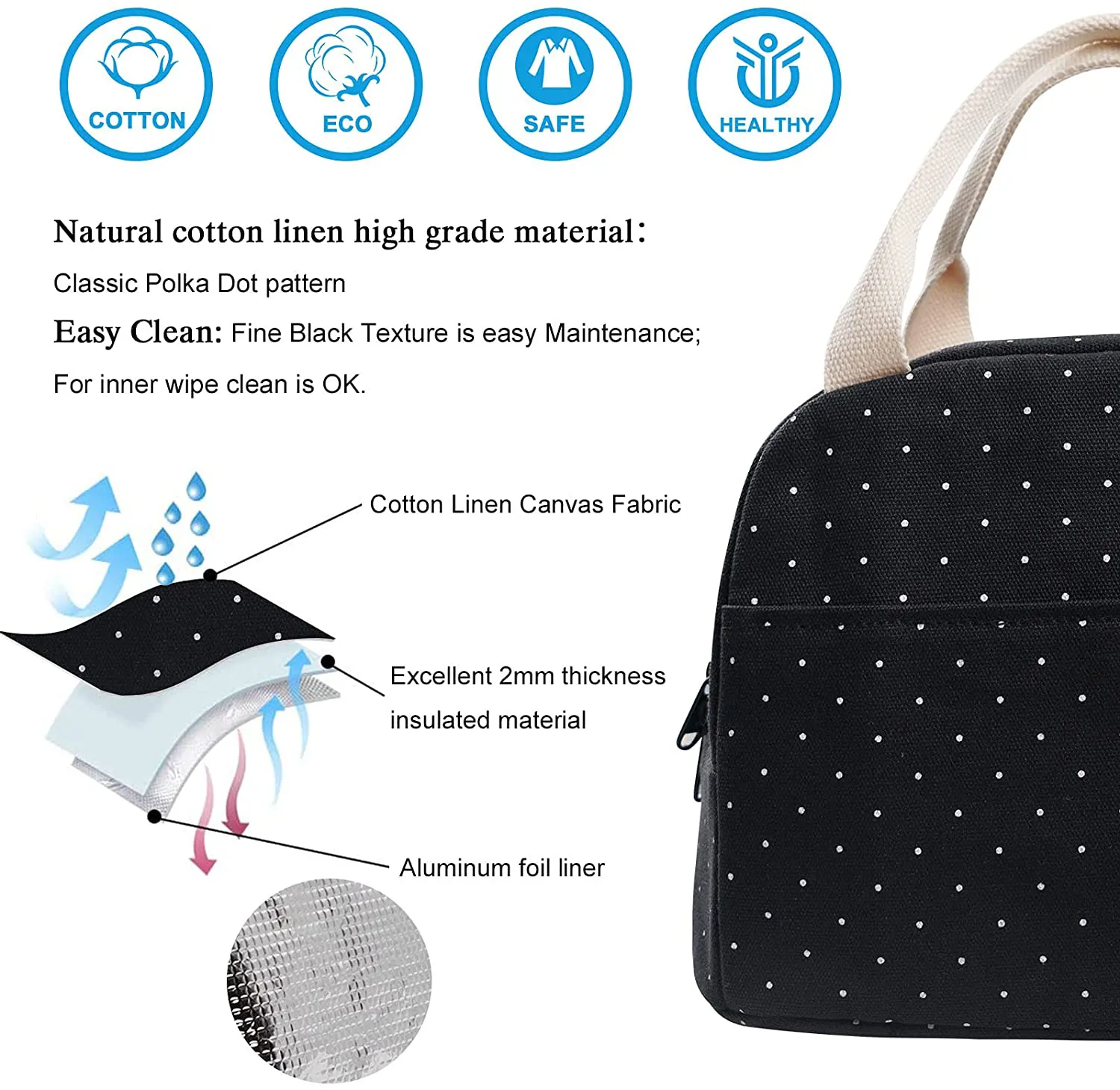 EurCross Upgraded Compact Black Lunch Bag for Girls Women,Canvas Polka Dot Lunch Tote Box Bag for Work School