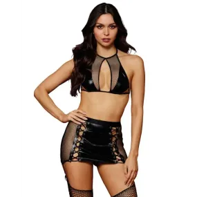 Faux-leather Bralette & Garter Skirt Set Black