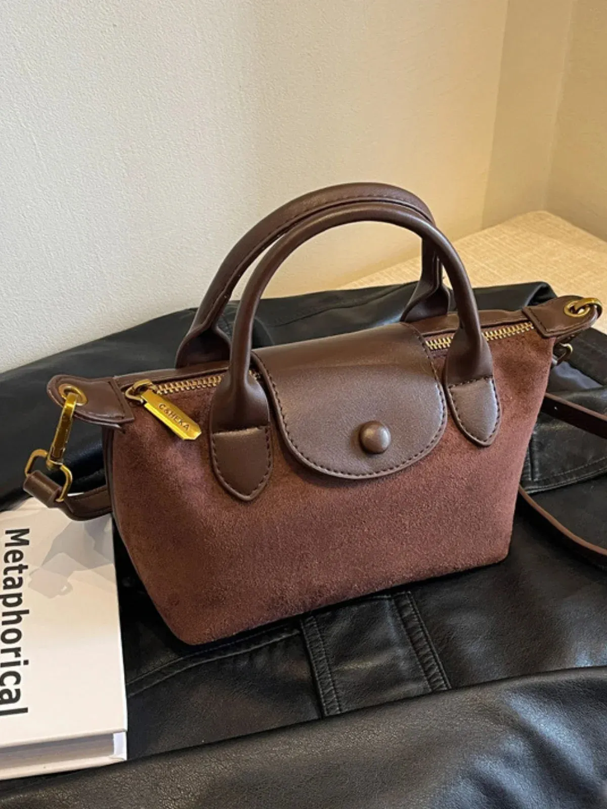 Faux Suede Buttoned Mini Satchel Bag