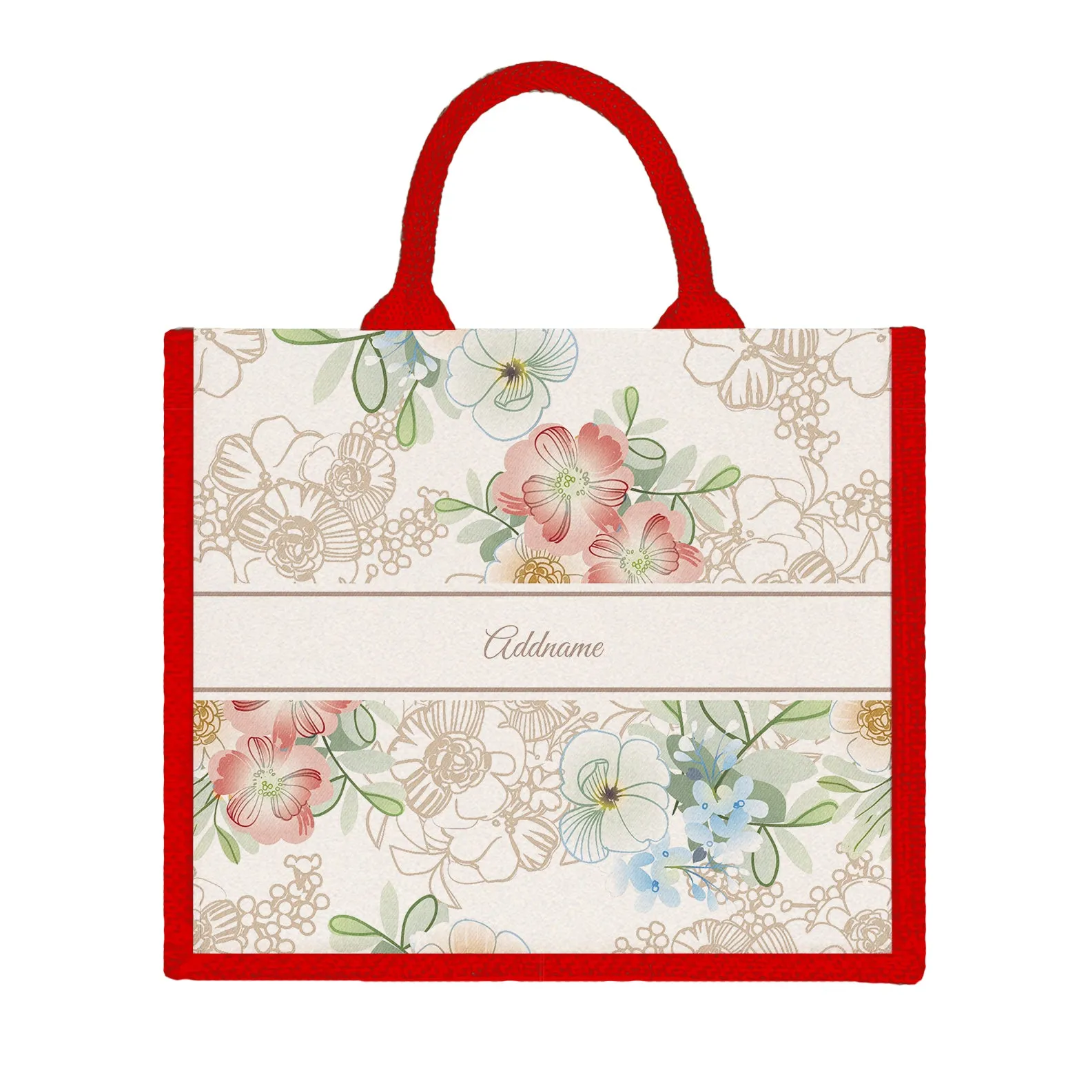 Floral Series Large Jute Tote Bag [FREE Custom Add Name]