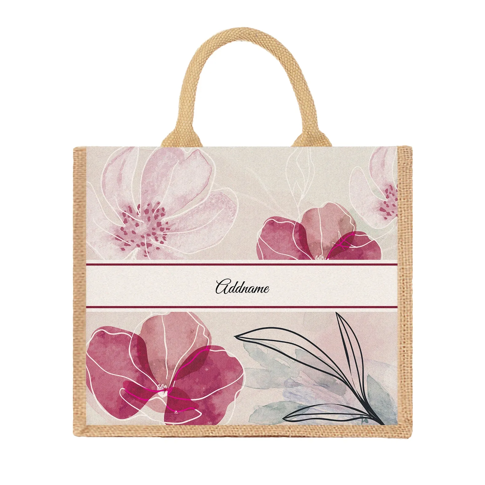 Floral Series Large Jute Tote Bag [FREE Custom Add Name]