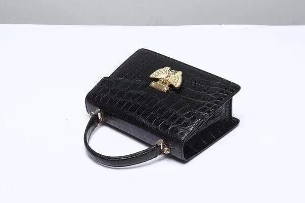 Genuine Crocodile  Belly Leather Top Handle Cross Body Bag Black