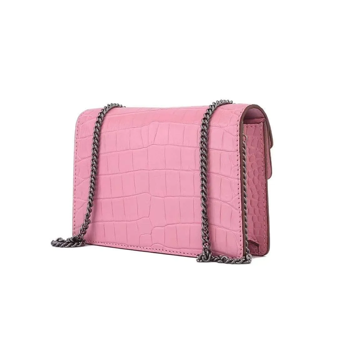 Genuine Crocodile  Leather Flap Cross body Messenger Mini Chain Bag Pink