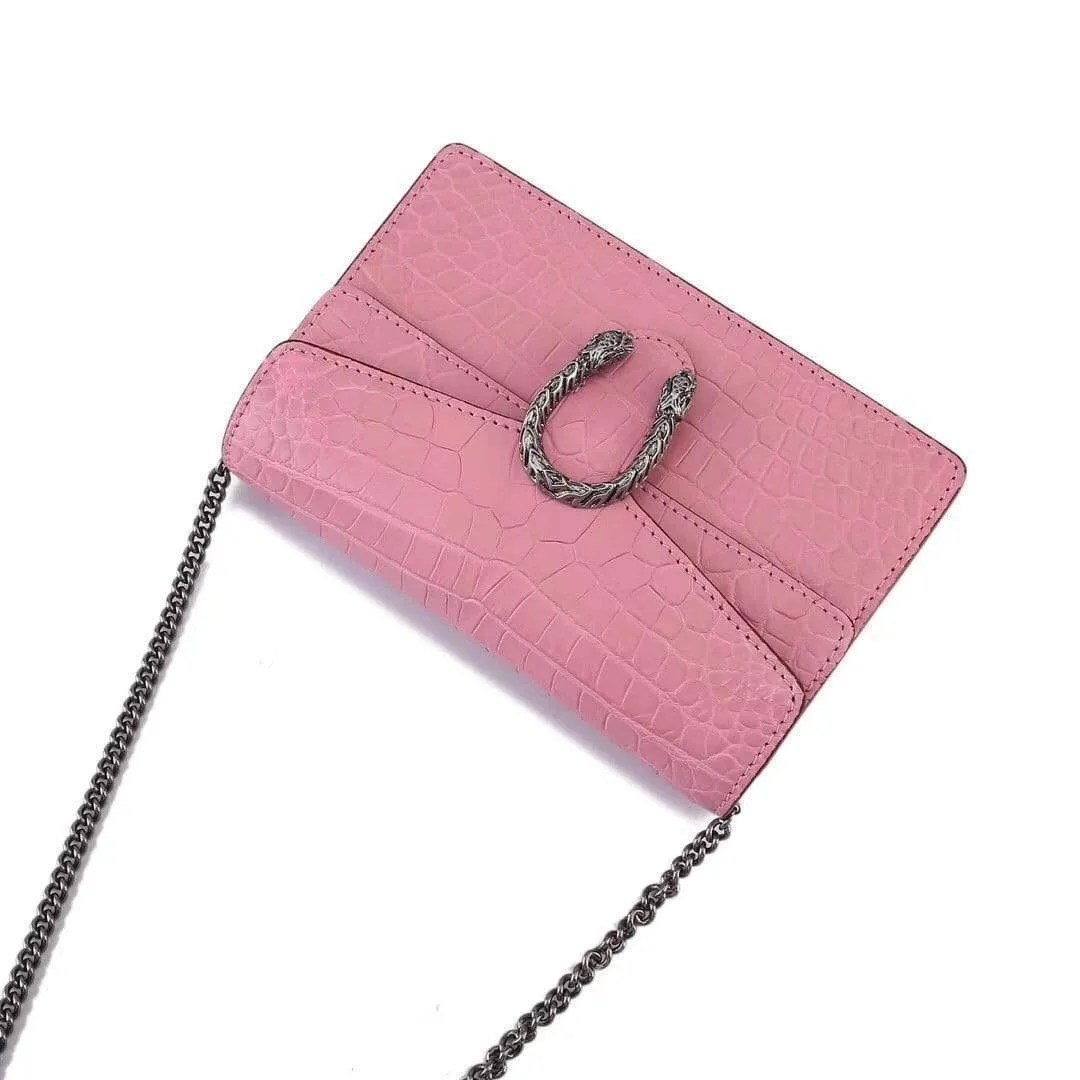 Genuine Crocodile  Leather Flap Cross body Messenger Mini Chain Bag Pink