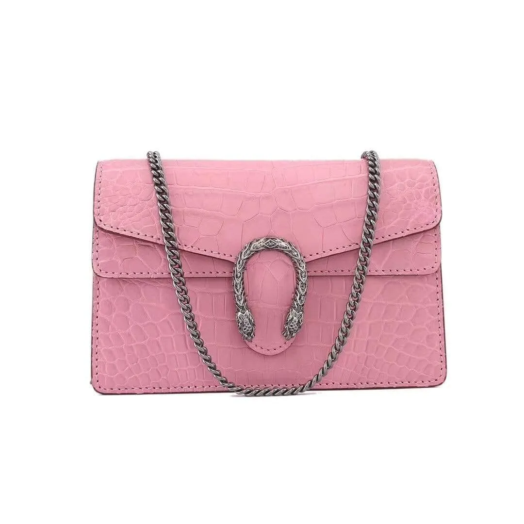 Genuine Crocodile  Leather Flap Cross body Messenger Mini Chain Bag Pink