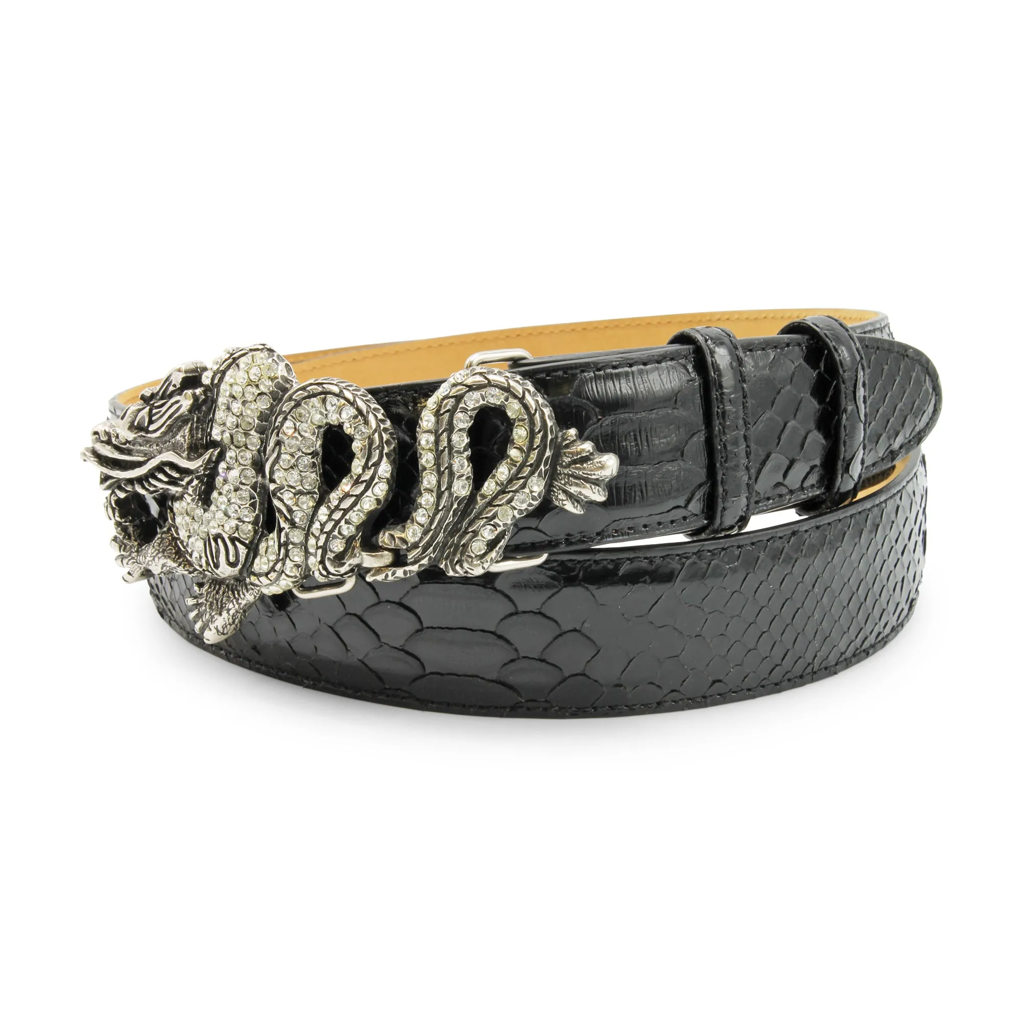 Glazed Black Genuine Python Crystal Dragon Belt