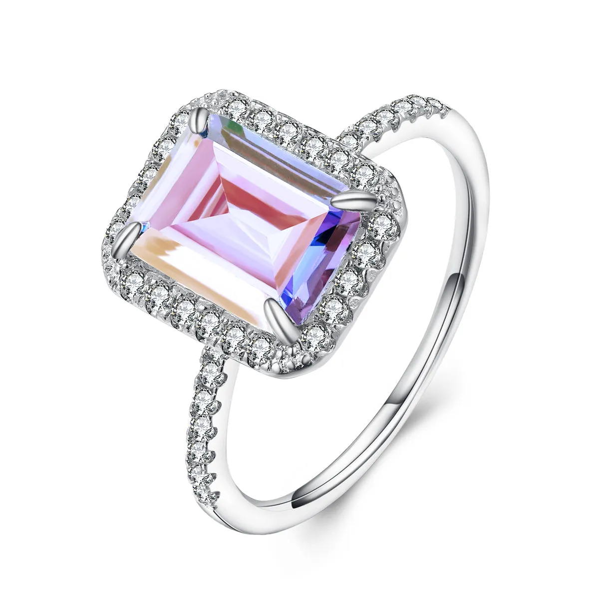 Glisten Aurora Borealis Halo Emerald-Cut Ring in Sterling Silver