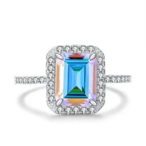 Glisten Aurora Borealis Halo Emerald-Cut Ring in Sterling Silver