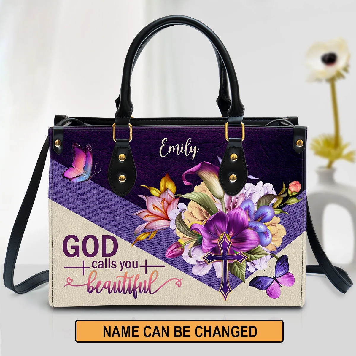 God Calls You Beautiful Flower And Cross Gorgeous Personalized Leather Handbag With Handle