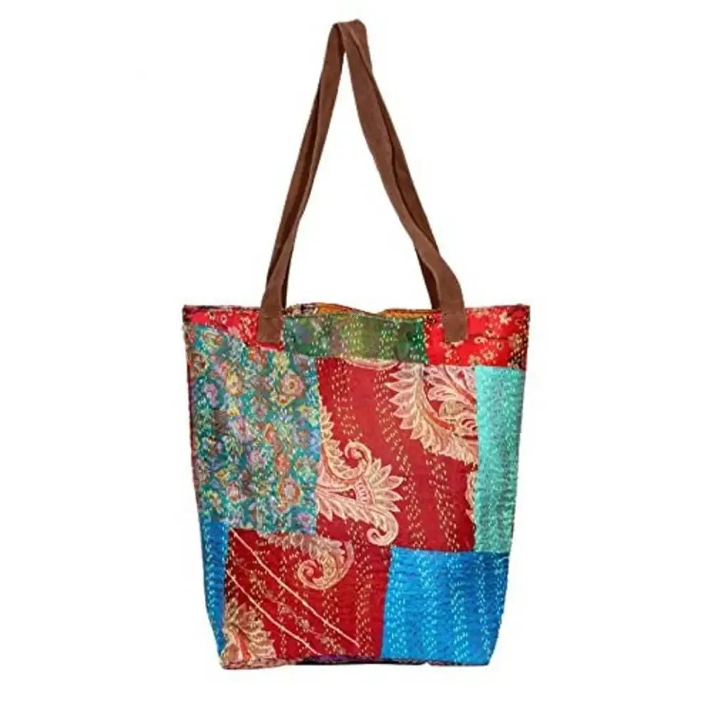 IndiWeaves Womens Silk Kantha Work Leather Handle Handmade Tote Bag, Top Handle Shoulder Bag -Maroon/Grey/Blue