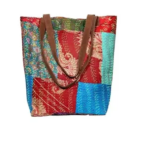 IndiWeaves Womens Silk Kantha Work Leather Handle Handmade Tote Bag, Top Handle Shoulder Bag -Maroon/Grey/Blue