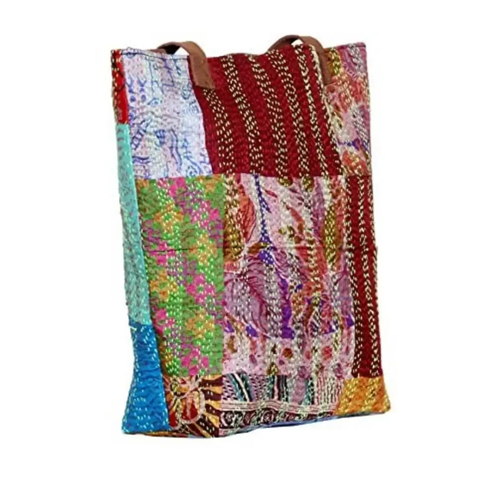 IndiWeaves Womens Silk Kantha Work Leather Handle Handmade Tote Bag, Top Handle Shoulder Bag -Maroon/Grey/Blue