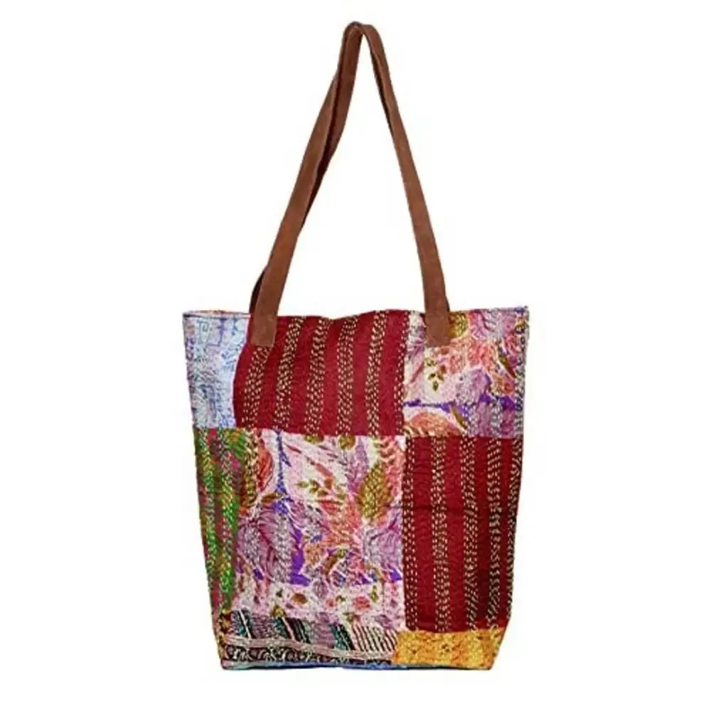 IndiWeaves Womens Silk Kantha Work Leather Handle Handmade Tote Bag, Top Handle Shoulder Bag -Maroon/Grey/Blue