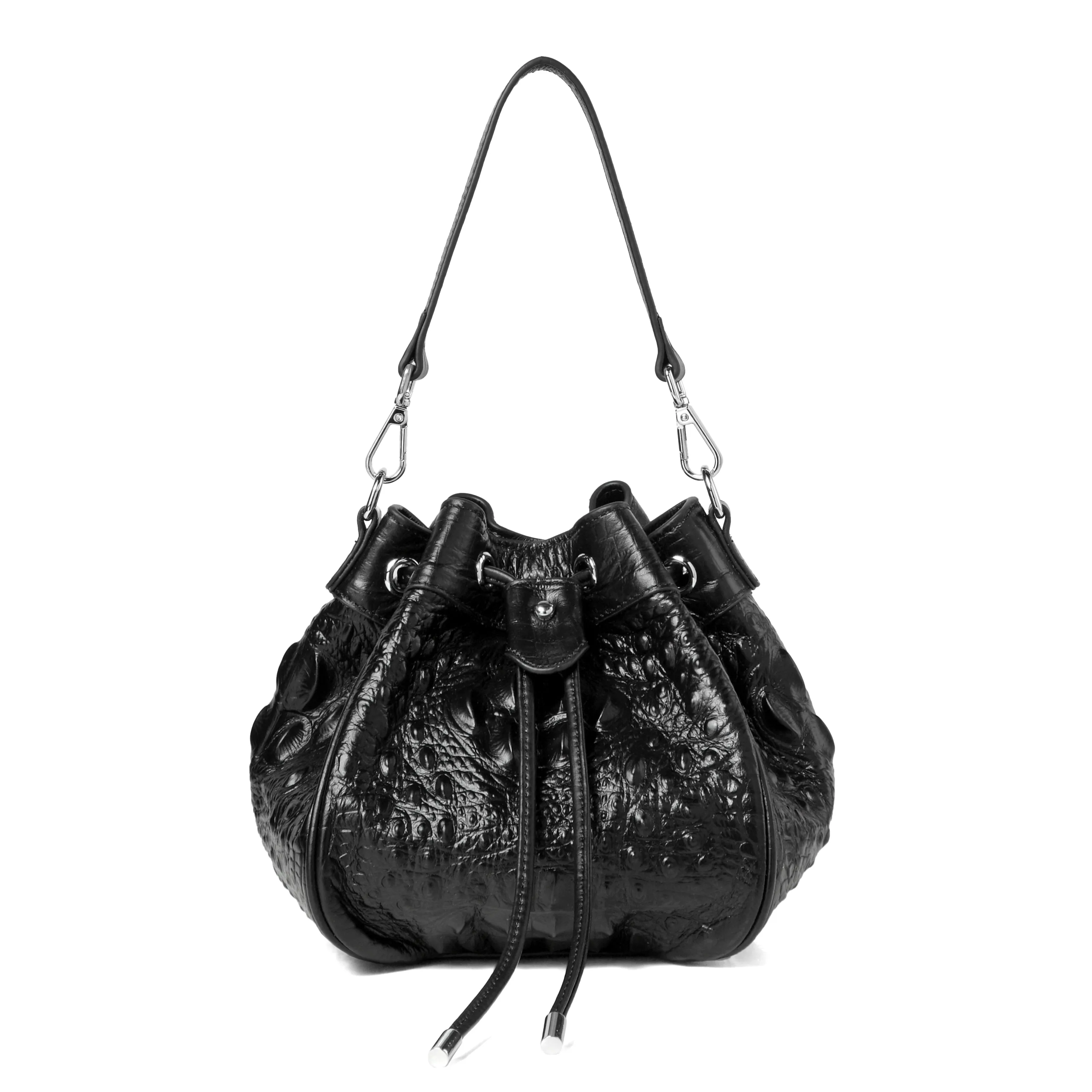 Jolyn Embossed Leather Bucket Crossbody- BLACK