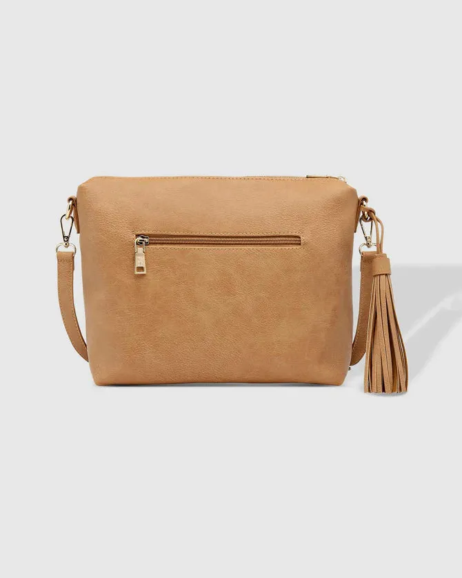 Kasey Camel Crossbody Bag With Stripe Strap