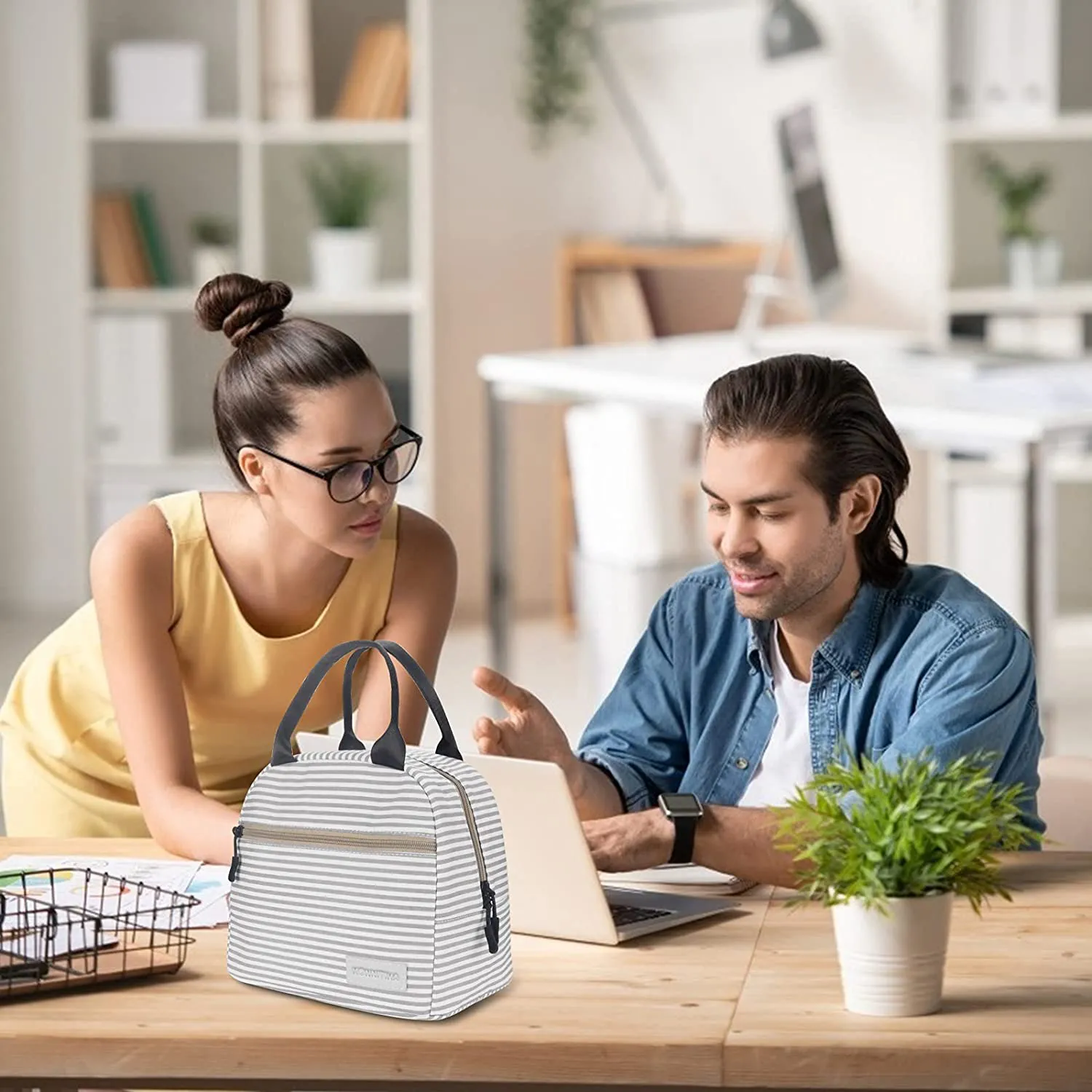 KONNITIHA Lunch Bag Reusable Large Insulated，Adult Tote Box with Two Pockets For Woman Man Work，Office，School, Picnic or Travel (Grey stripes)