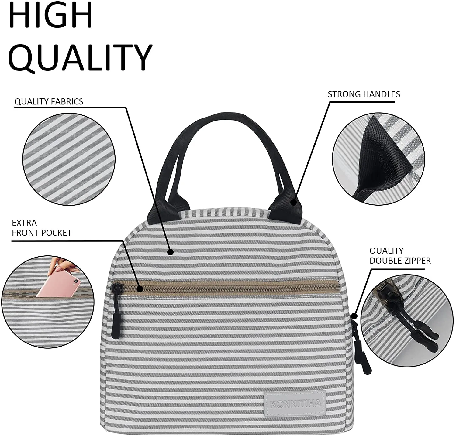 KONNITIHA Lunch Bag Reusable Large Insulated，Adult Tote Box with Two Pockets For Woman Man Work，Office，School, Picnic or Travel (Grey stripes)