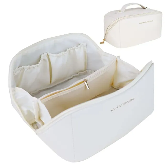 Large Travel Cosmetic Bag Portable Make Up Makeup Bag Waterproof Pu Leather Storage White