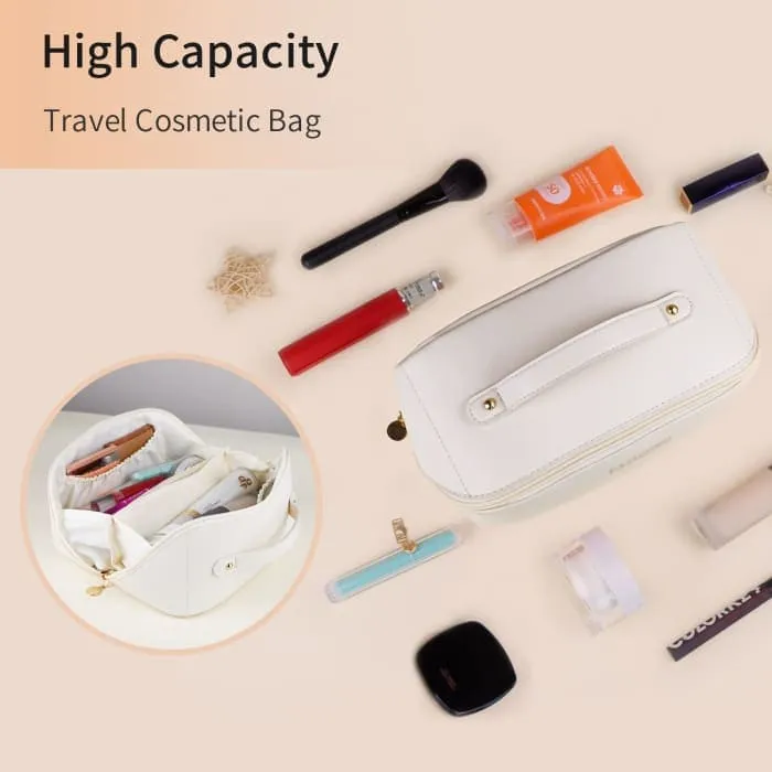 Large Travel Cosmetic Bag Portable Make Up Makeup Bag Waterproof Pu Leather Storage White