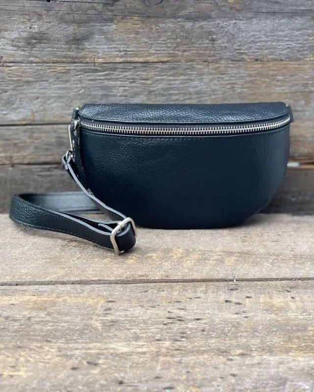 Leather Belt Bag - Black With Silver Finishings