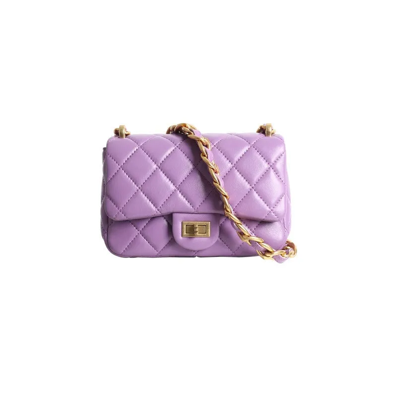 Leather Chunky Chain Flap Bag Quilted Lameskin Mini