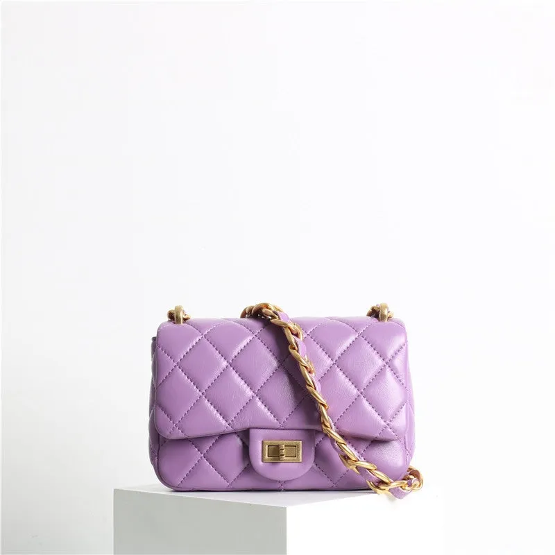 Leather Chunky Chain Flap Bag Quilted Lameskin Mini