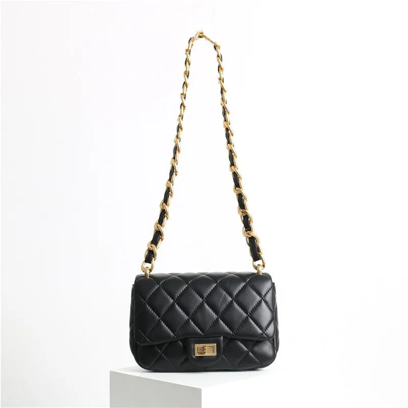 Leather Chunky Chain Flap Bag Quilted Lameskin Mini