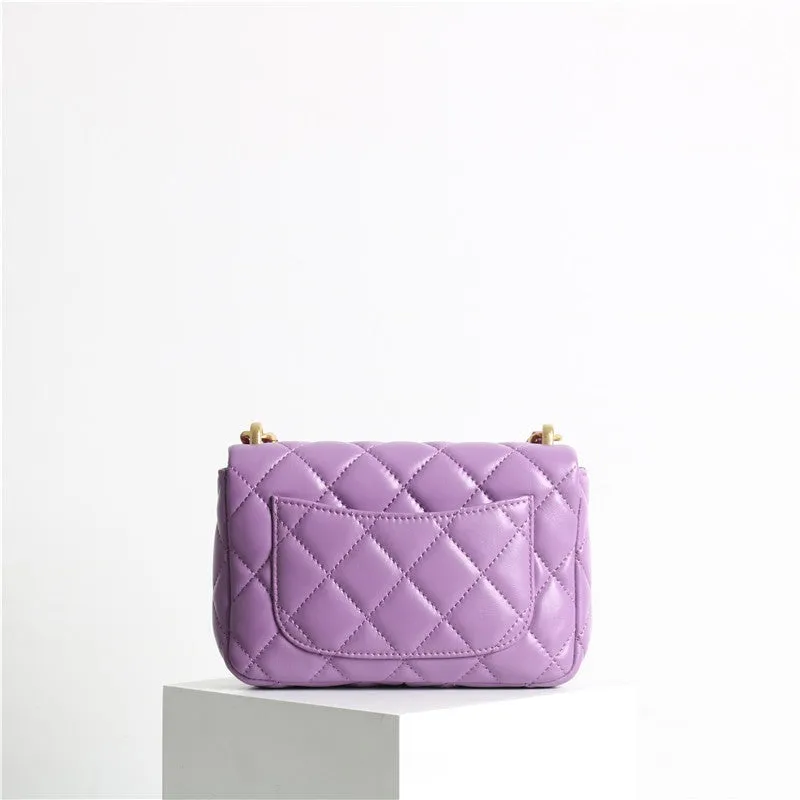 Leather Chunky Chain Flap Bag Quilted Lameskin Mini