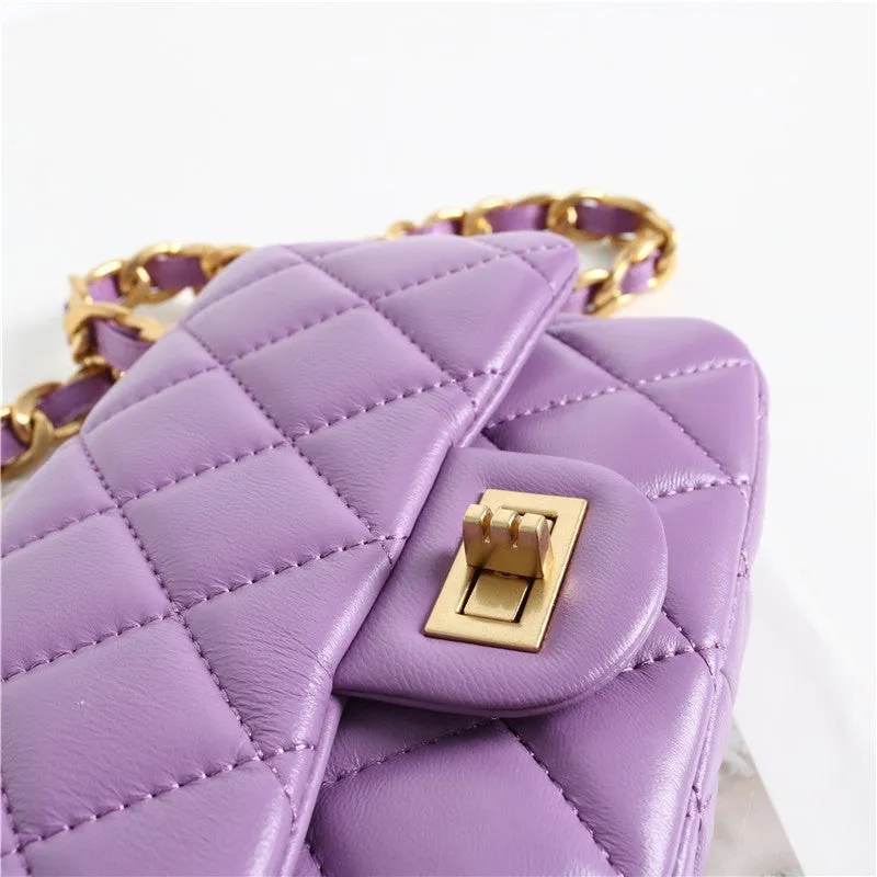 Leather Chunky Chain Flap Bag Quilted Lameskin Mini