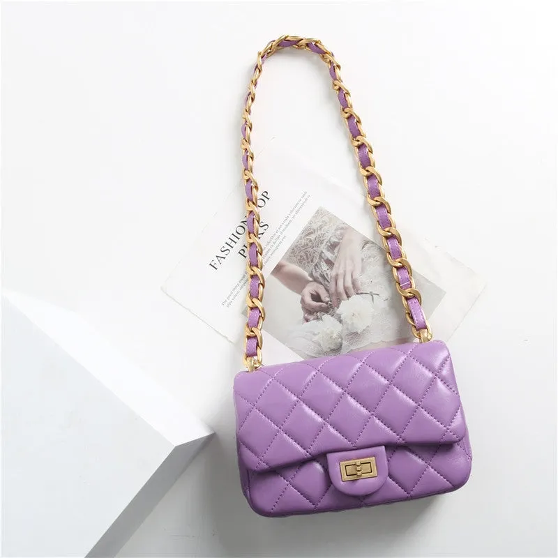 Leather Chunky Chain Flap Bag Quilted Lameskin Mini