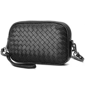 Leather Handbag Black Woven Sheepskin Camera Bag