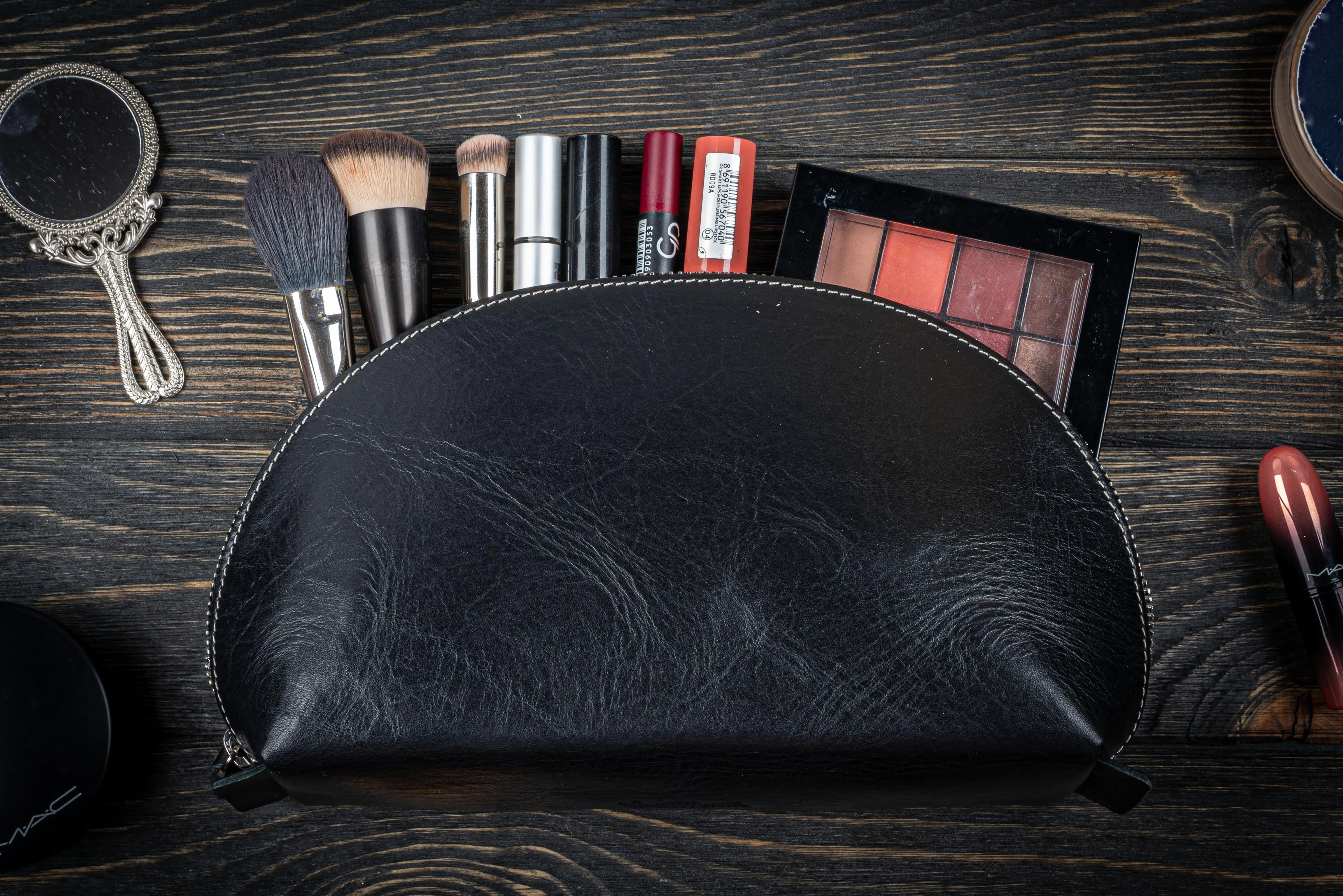 Leather Lunar Makeup / Toiletry Bag - Black