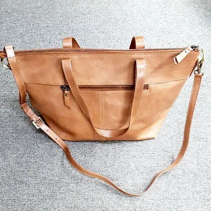 LEATHER ZIP TOP GRAB BAG BRANDY