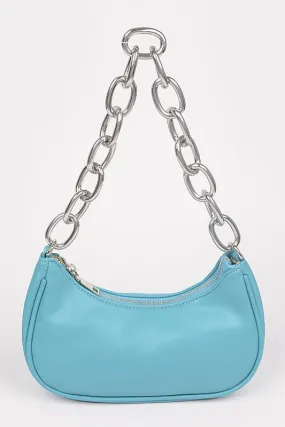 Light Blue Faux Leather Chain Shoulder Bag