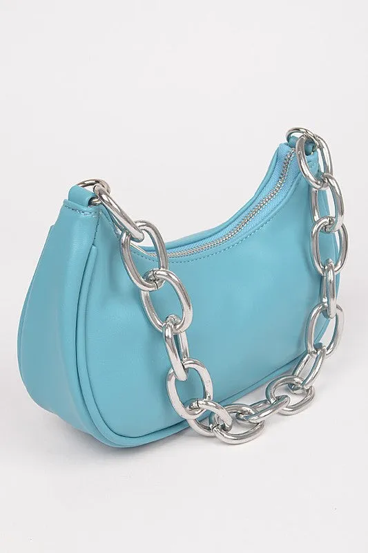 Light Blue Faux Leather Chain Shoulder Bag