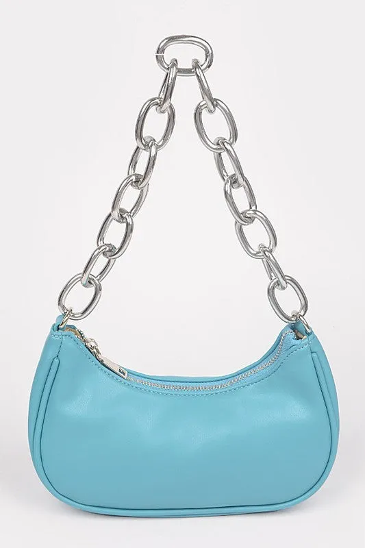 Light Blue Faux Leather Chain Shoulder Bag