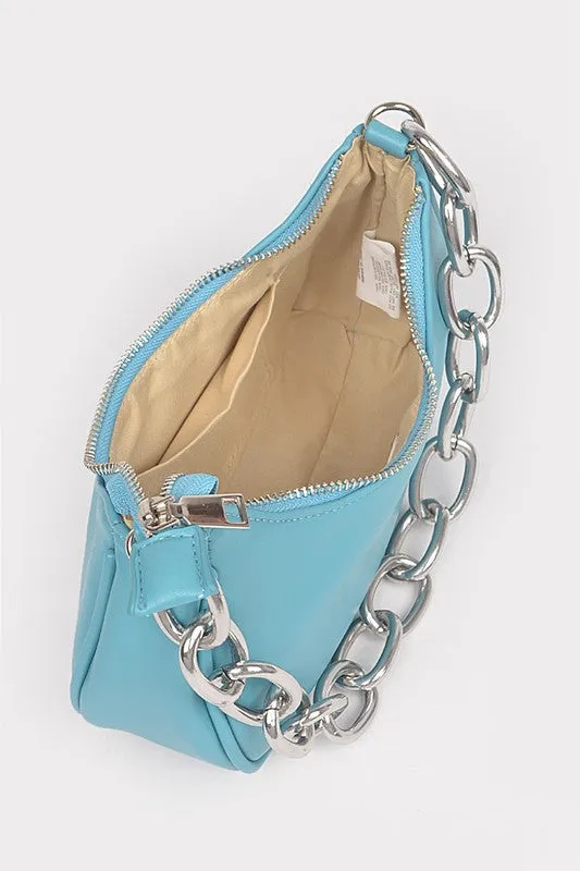 Light Blue Faux Leather Chain Shoulder Bag