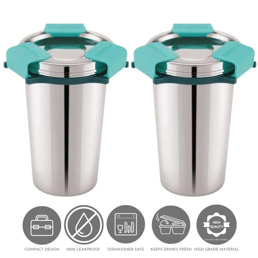 Magnus Stainless Steel Revlock Glass Glossy (350 ml) |Leak-Proof & Airtight Tumbler with Rev Lock Lid - Perfect for Travel, Office, and Kids | Ideal for Juice,Buttermilk |Sleek & Portable ( Pack of 2)